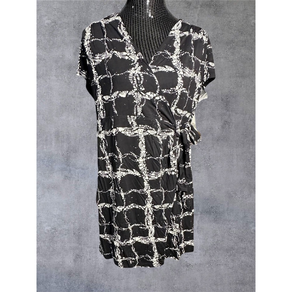 Banana Republic Wrap Dress Womens XL Black White Geometric Short Sleeve V-Neck